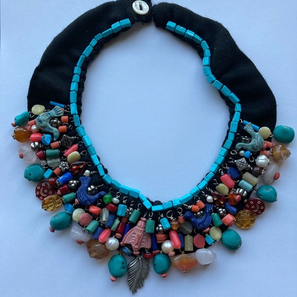 Bib, Choker Necklace, Handmade of Miscellaneous Semiprecious Stones on Fabric - Picture 2 of 7